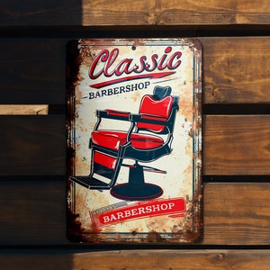 an old tin sign advertising a barbershop