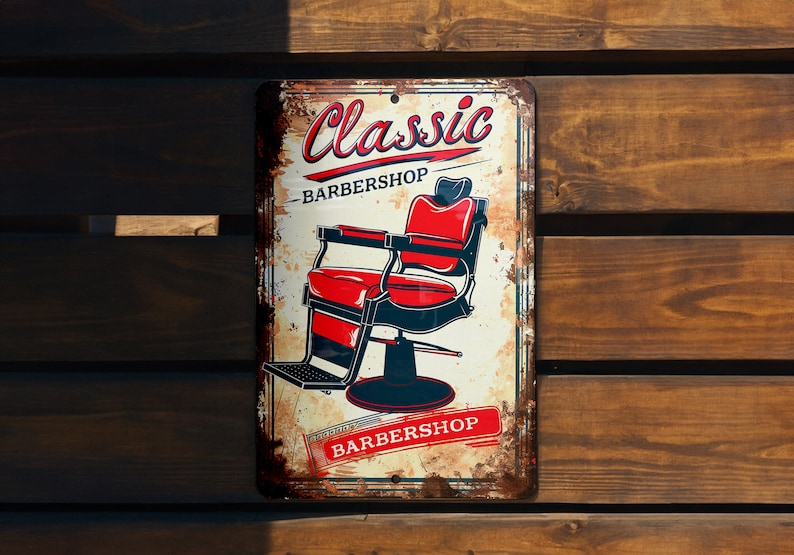 an old tin sign advertising a barbershop