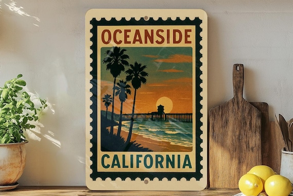 Oceanside California Metal Sign – Retro Postage Stamp Design