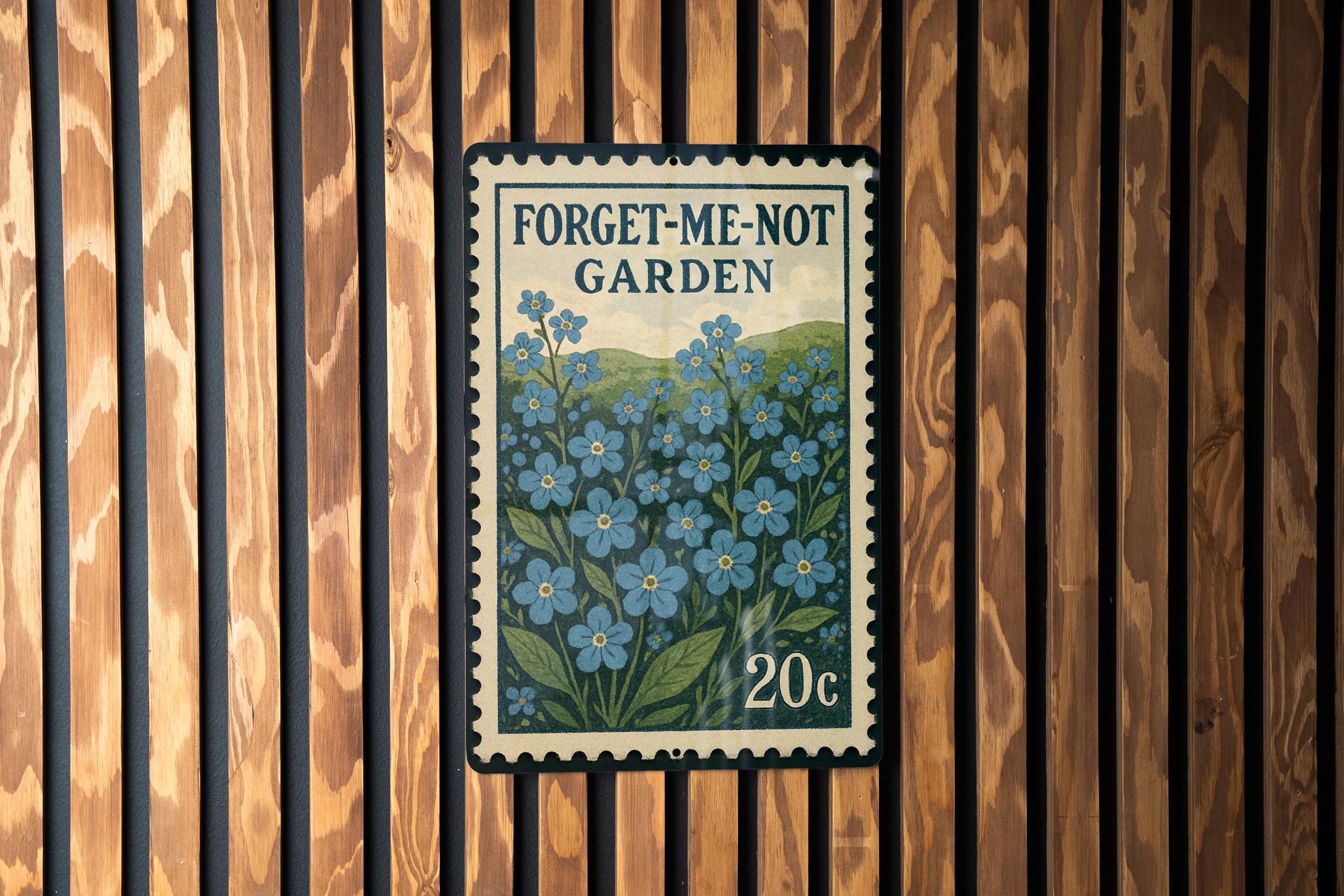 Forget-me-not Garden Metal Sign – Vintage Stamp Style Wall Art