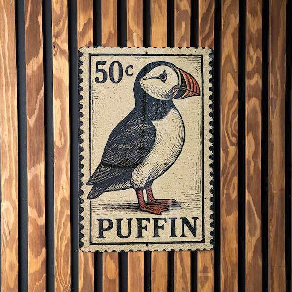 Puffin Metal Sign Vertical – Vintage Stamp Style Wall Art for Coastal, Nautical, Seaside, or Cabin Decor