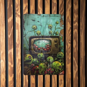 May include: A vintage-style television set with a green screen surrounded by cartoon-like creatures with red eyes and green skin. The creatures are growing from the ground and appear to be watching the television.