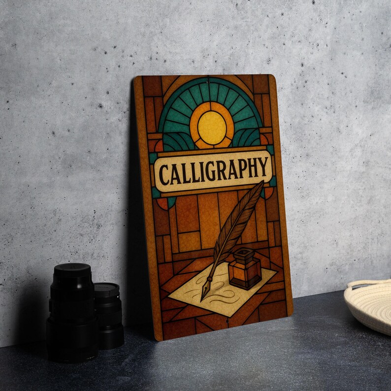 Art Deco Calligraphy Desk Name Plate – Stained Glass Style Metal Sign ...