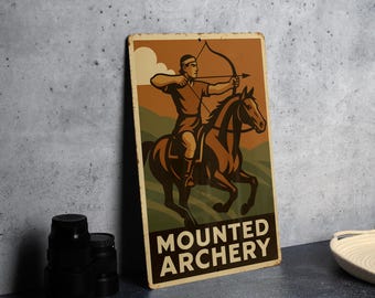 Vintage 1930s WPA Style Mounted Archery Tin Sign – Rustic Metal Wall Art, Equestrian Decor, Retro Block Colors, Heroic Design