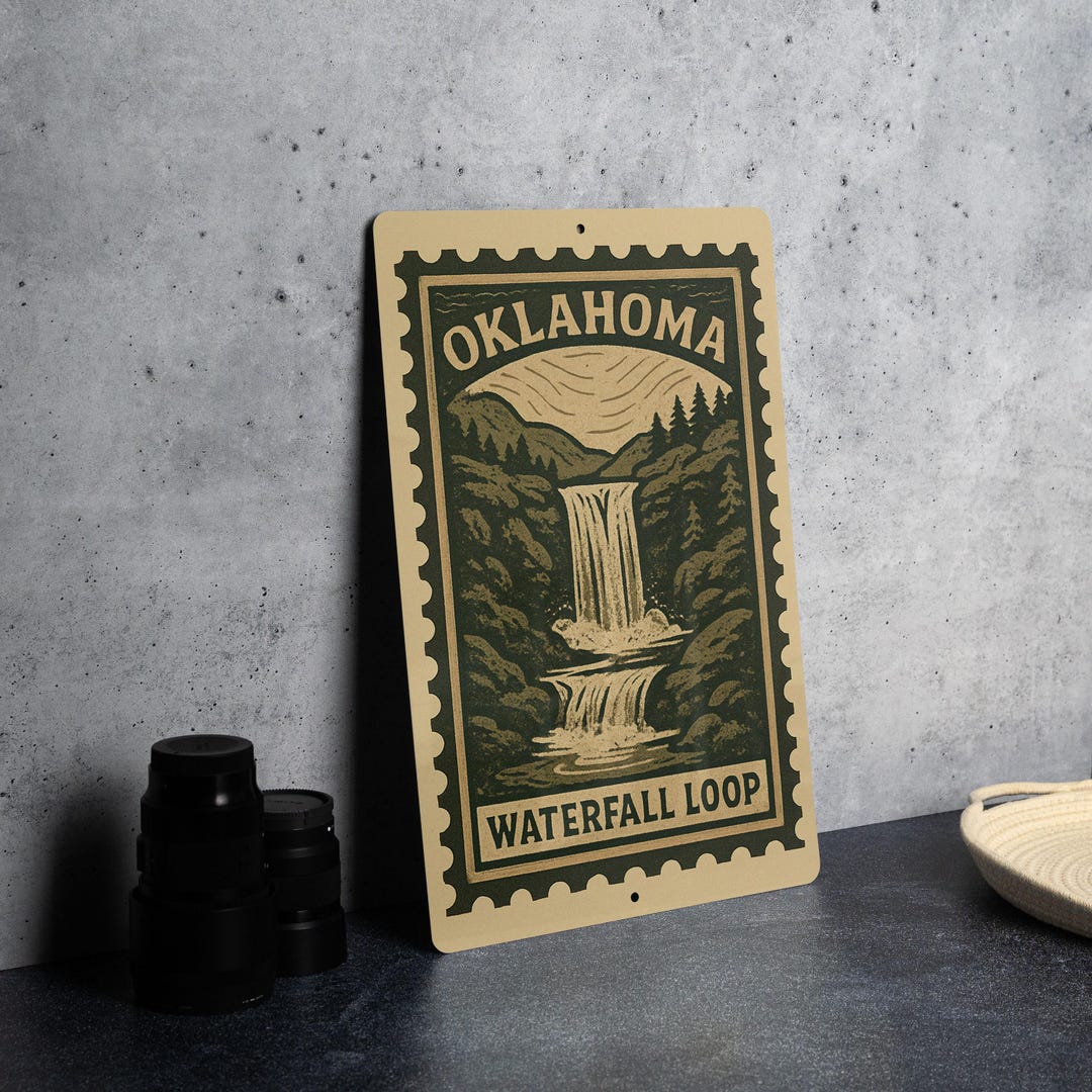 Oklahoma Waterfall Loop Metal Sign – Vintage Stamp Style Wall Art ...