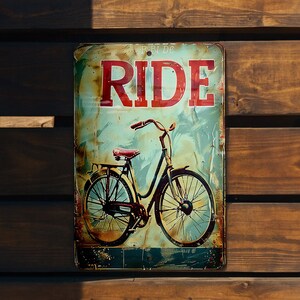a rusted metal sign with a bicycle on it