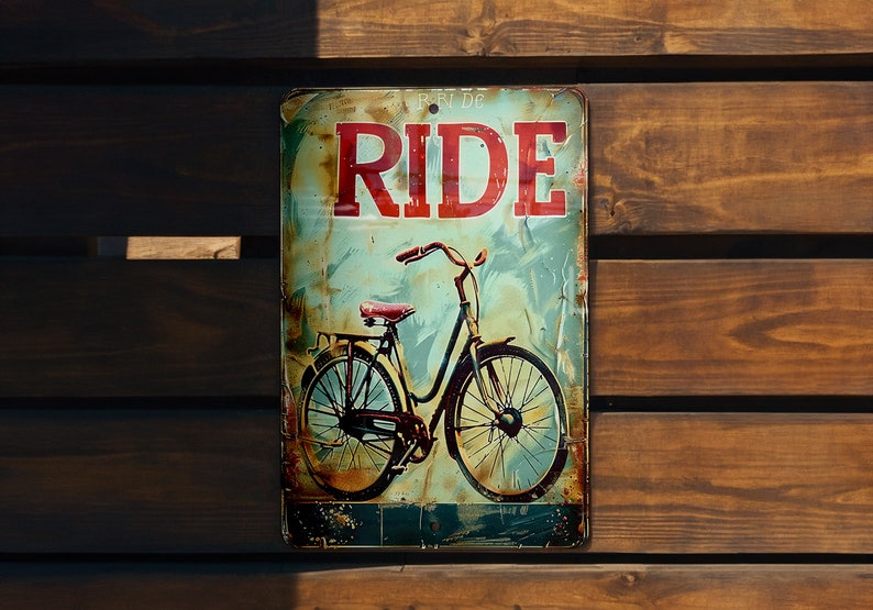 a rusted metal sign with a bicycle on it