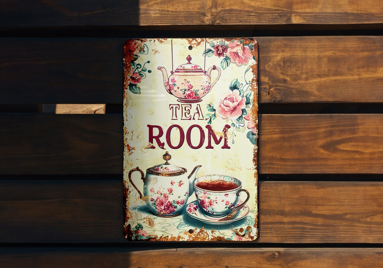 Vintage Tea Room Metal Sign: Victorian, Teapot and Cups, Soft Tones ...