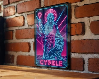 1980s Neon Goddess Metal Sign – Cybele Wall Art, Retro Cosmic Grid, Hot Pink & Electric Blue Decor, Vintage Patina Tin Sign