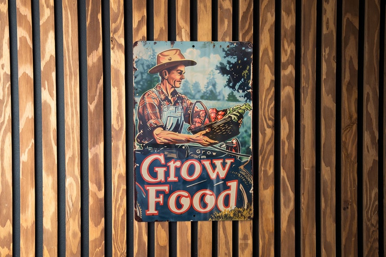a sign on a wooden wall that says grow food