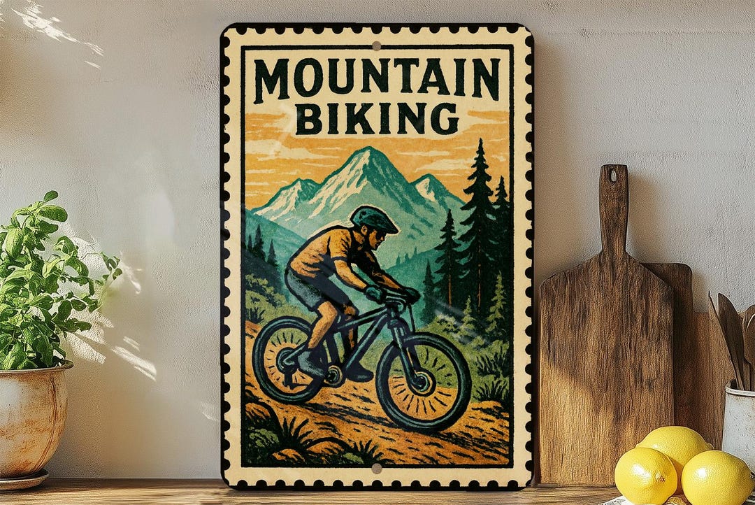 Mountain Biking Metal Sign – Vintage Stamp Style Wall Art for