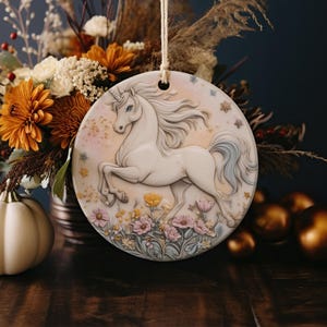 Fairy-Tale Unicorn Ceramic Ornament, Circular Design Unicorn, Prancing Unicorn Ornament, Ceramic Gift, Unique Home Decor