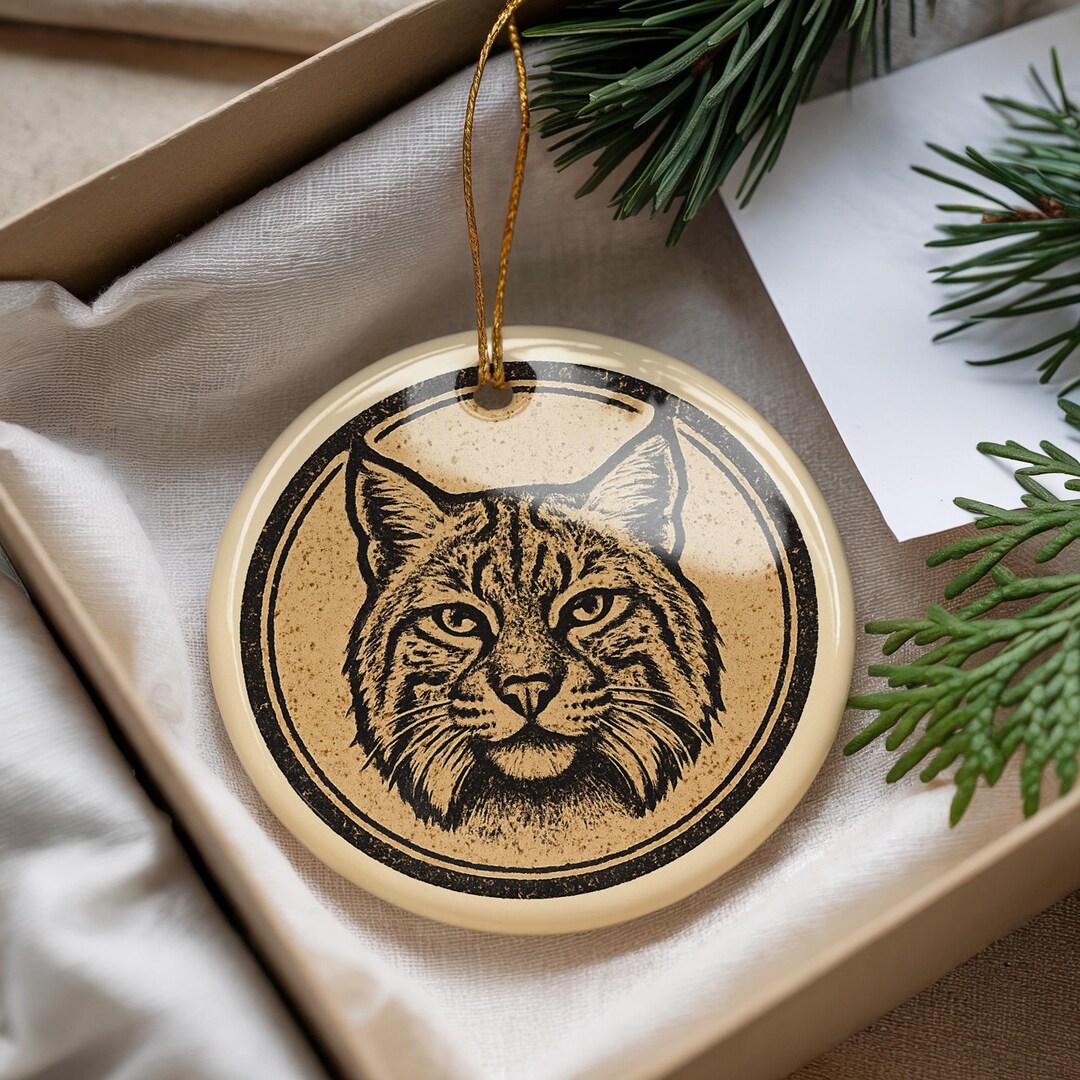 Rustic Bobcat Bobcat Ceramic Ornament – Rustic Wildlife Circular Stamp Art, Nature ...