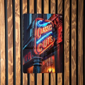 Vintage Barber Shop Tin Sign, Retro Style, Neon Glow, Rust-Edged Metal, Classic Cuts Metal Sign