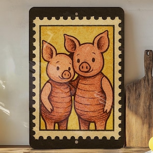 Piglet Pair Metal Sign – Vintage Farmhouse Wall Decor, Rustic Nursery Art, Cute Pig Stamp Style Artwork, Country Kitchen Sign