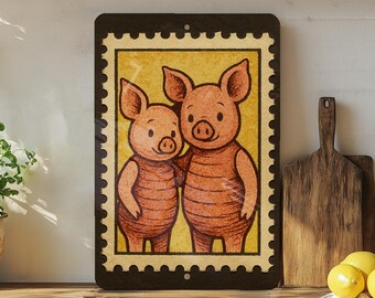 Piglet Pair Metal Sign – Vintage Farmhouse Wall Decor, Rustic Nursery Art, Cute Pig Stamp Style Artwork, Country Kitchen Sign
