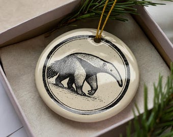 Anteater Ceramic Ornament – Circular Stamp Style Animal Art, Wildlife Christmas Tree Decoration, Unique Nature Gift