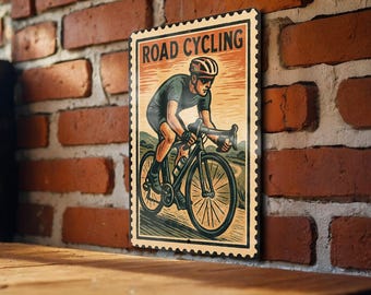 Road Cycling Metal Sign – Vintage Stamp Style Wall Art for Cyclists, Retro Biker Decor, Bicycle Enthusiast Gift