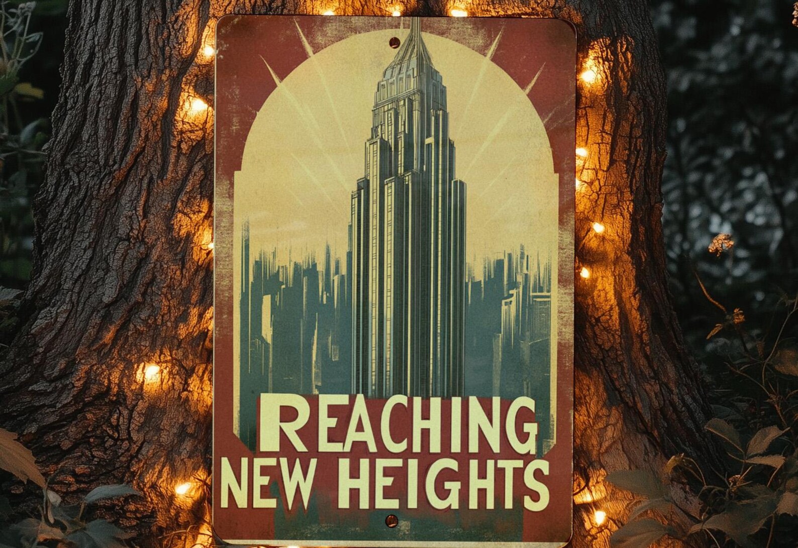 Retro Urban Ascent Metal Sign, Golden Cityscape Art, Industrial Wall