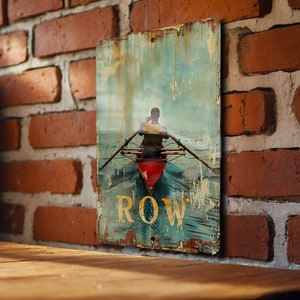 Vintage Rowing ROW Metal Sign, Aluminum Wall Decor, Retro Style Signage, Boat Rowing Art, Nautical Decor