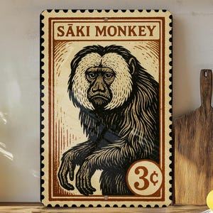 May include: A rectangular metal sign featuring a vintage illustration of a Saki Monkey. The sign has a postage stamp design with the text "Saki Monkey" at the top and a "3¢" stamp. The monkey is depicted in black and white.