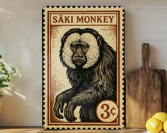 Saki Monkey Metal Sign | Vintage Stamp Style Wall Art Decor | Jungle Animal Poster for Home or Bar