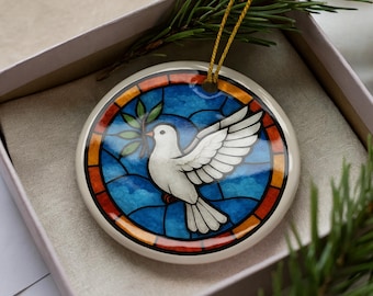 Dove with Olive Branch Ceramic Ornament – Peace Symbol Hanging Decoration with Circular Window Motif Design