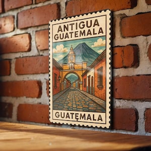 Antigua Guatemala Vintage Metal Sign – Rustic Stamp Style Wall Art, Travel Poster Decor, Central America Souvenir Plaque