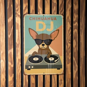 Mid-Century Modern Chihuahua DJ Metal Sign – Retro Geometric Wall Art in Pastel Aqua, Salmon & Mustard Tin Decor