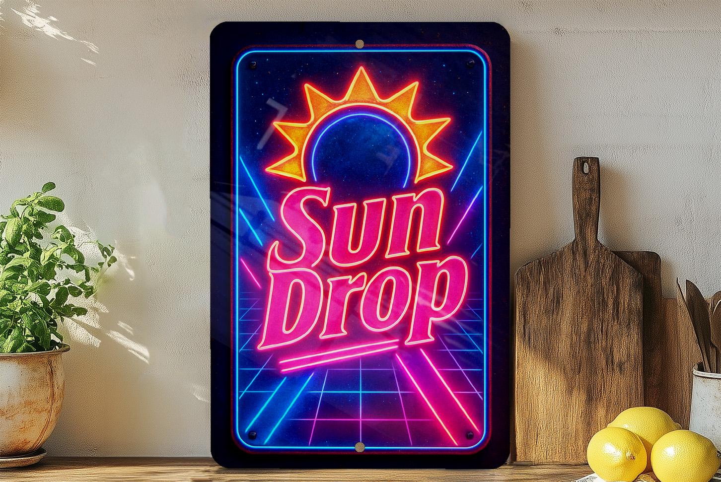 Vintage 1980s Neon Sundrop Metal Sign – Retro Cosmic Grid