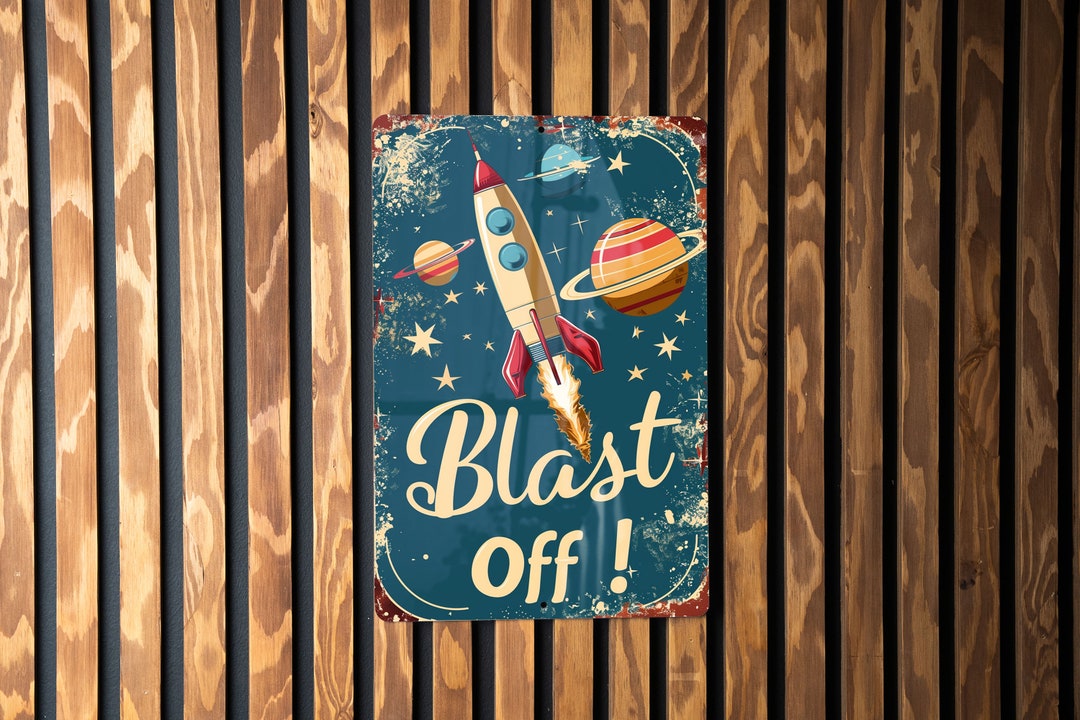 Retro Rocket Ship Metal Sign, Vintage Planets Stars, Warm Colors Decor ...