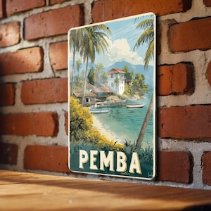 Retro Pemba Travel Poster Style Tin Sign – Vintage Metal Wall Art for Home, Bar, Garage, or Man Cave Decor