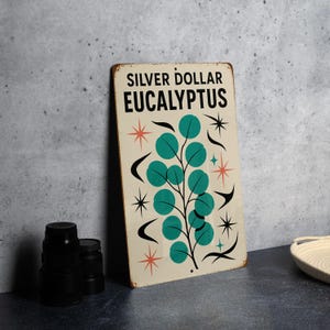 May include: A rectangular metal sign with the words "SILVER DOLLAR EUCALYPTUS" in black. The sign features a teal eucalyptus branch with round leaves, surrounded by orange starbursts and black curved lines. The sign has a vintage, distressed look.