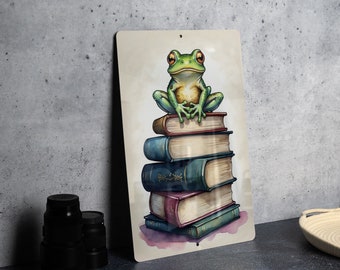 Frog on Books Wall Art Metal Sign - Whimsical Reading, Literary Frog, Book Lover's Dream, Enchanted Study, Magical Reading Nook