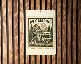 Vintage RV Camping Metal Sign – Retro Stamp Style Camper Decor for Trailer, Campsite, Cabin, or Outdoor Adventure Gift