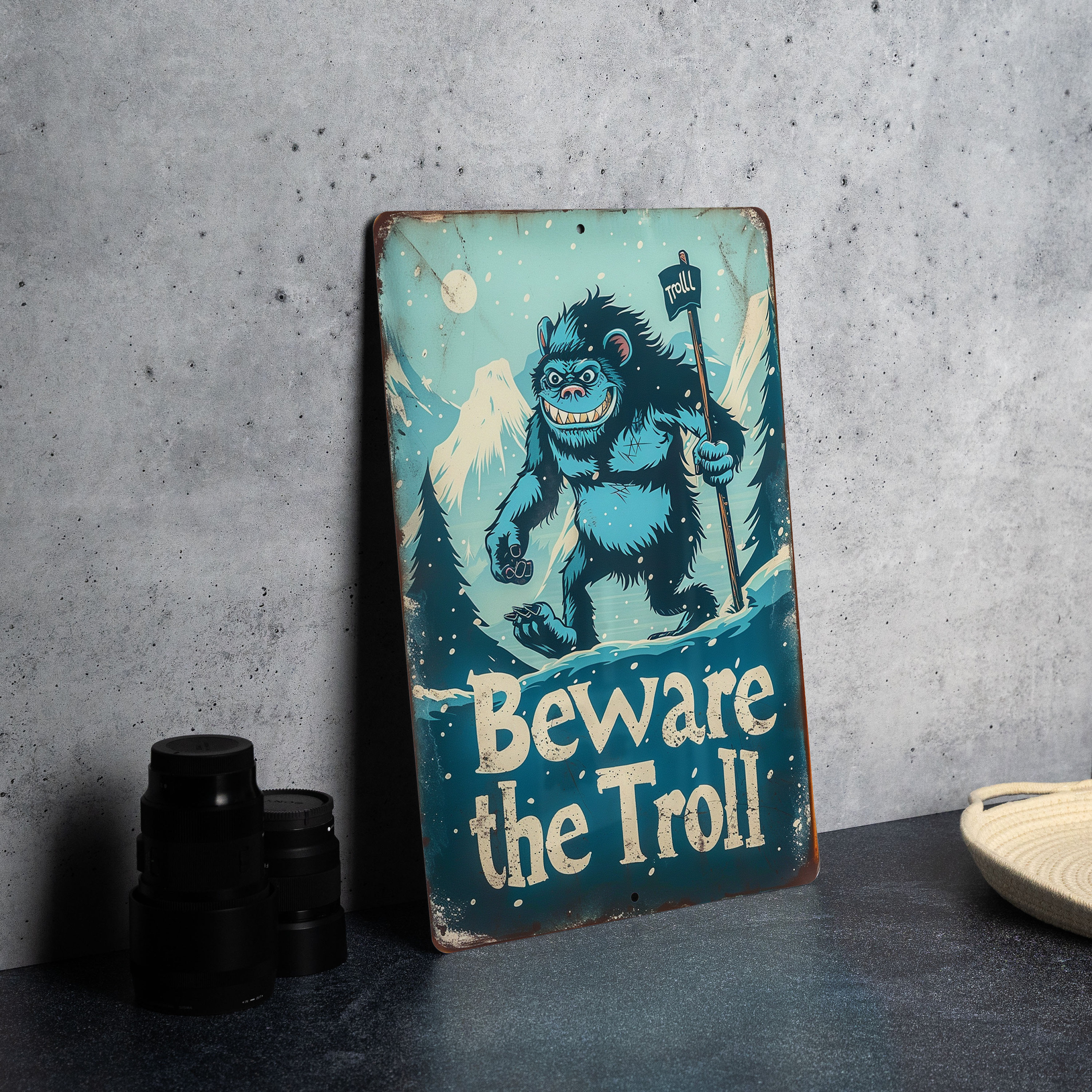 Nordic Folklore Metal Sign, Beware the Troll, Retro Illustrations