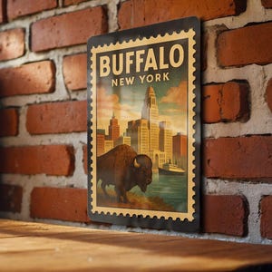 May include: A vintage-style metal sign featuring a bison in front of a cityscape with the text "BUFFALO NEW YORK." The sign has a postage stamp design with a black border and is mounted on a brick wall.