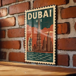 May include: A vintage-style metal sign featuring a Dubai cityscape with the text "DUBAI UE" in a stamp design. The sign showcases the Burj Khalifa and other buildings in shades of brown, red, and teal, with a teal border.