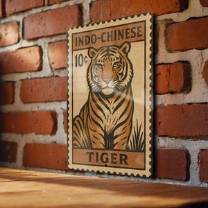Indochinese Tiger Metal Sign – Vintage Stamp Style Wall Art, Vertical Wildlife Decor, Rustic Jungle Animal Plaque