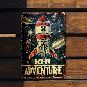 Sci-Fi Adventure Vintage Metal Sign, Spaceship and Alien, Cosmic Colors, Sci-Fi Frame, Futuristic Font