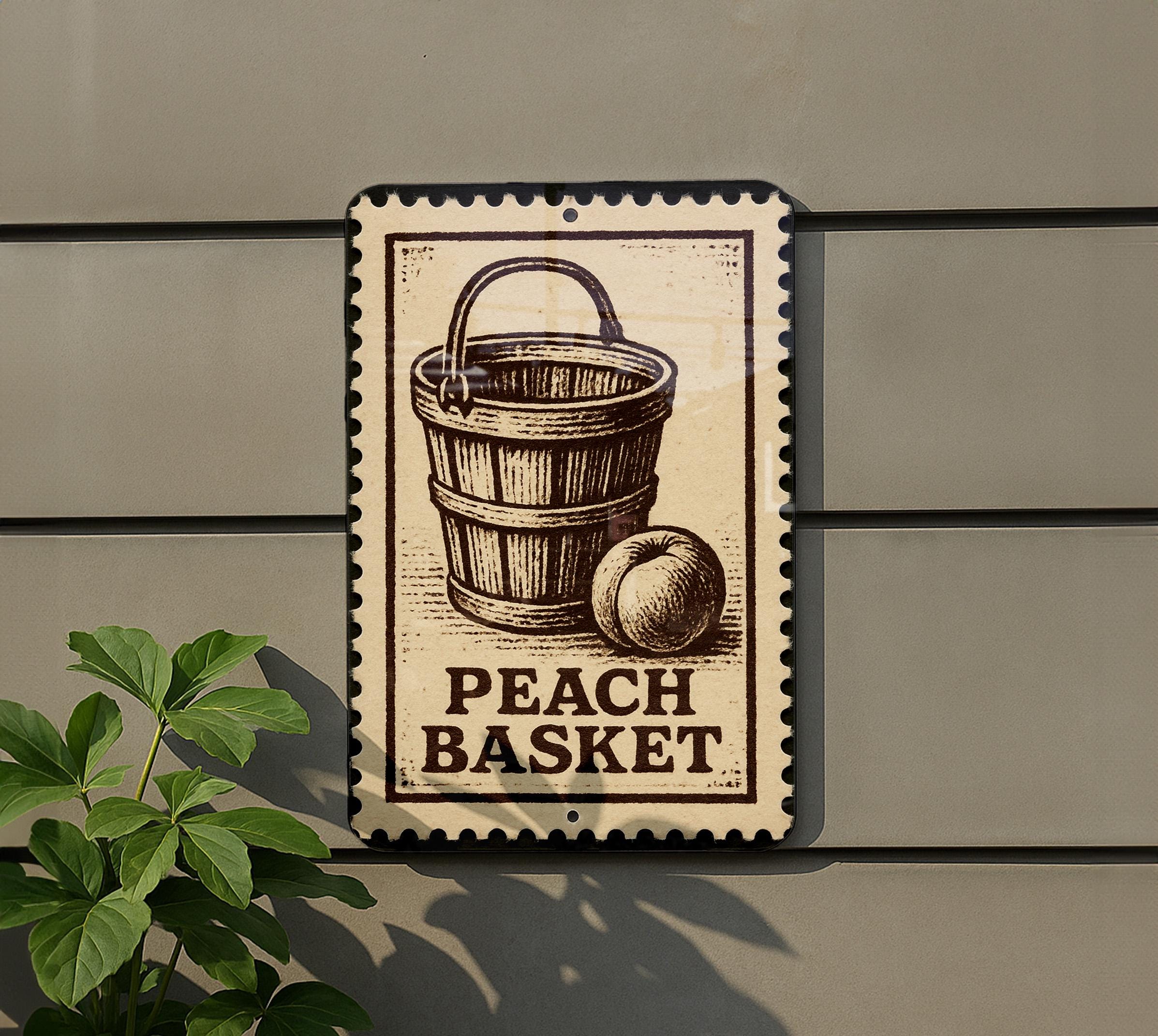 Vintage Peach Basket Metal Sign – Rustic Farmhouse Kitchen Decor