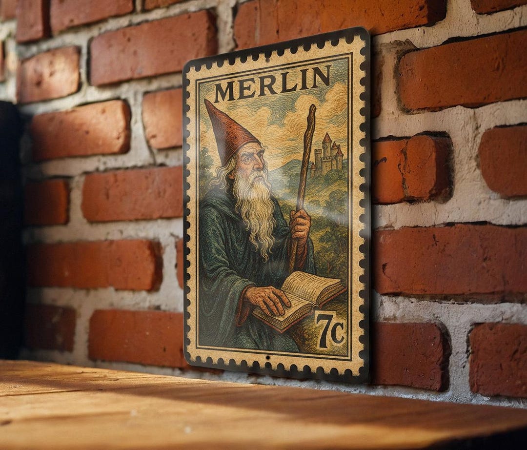 Merlon Sign Merlin Vintage Stamp Style Metal Sign, Wizard Sorcerer Magic Enchanter ...