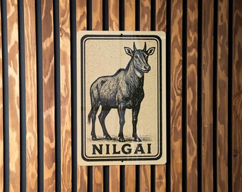 Plaque métallique Nilgai | Art mural antilope indienne rustique | Décoration d'intérieur vintage de style timbre animalier pour cabane ou lodge