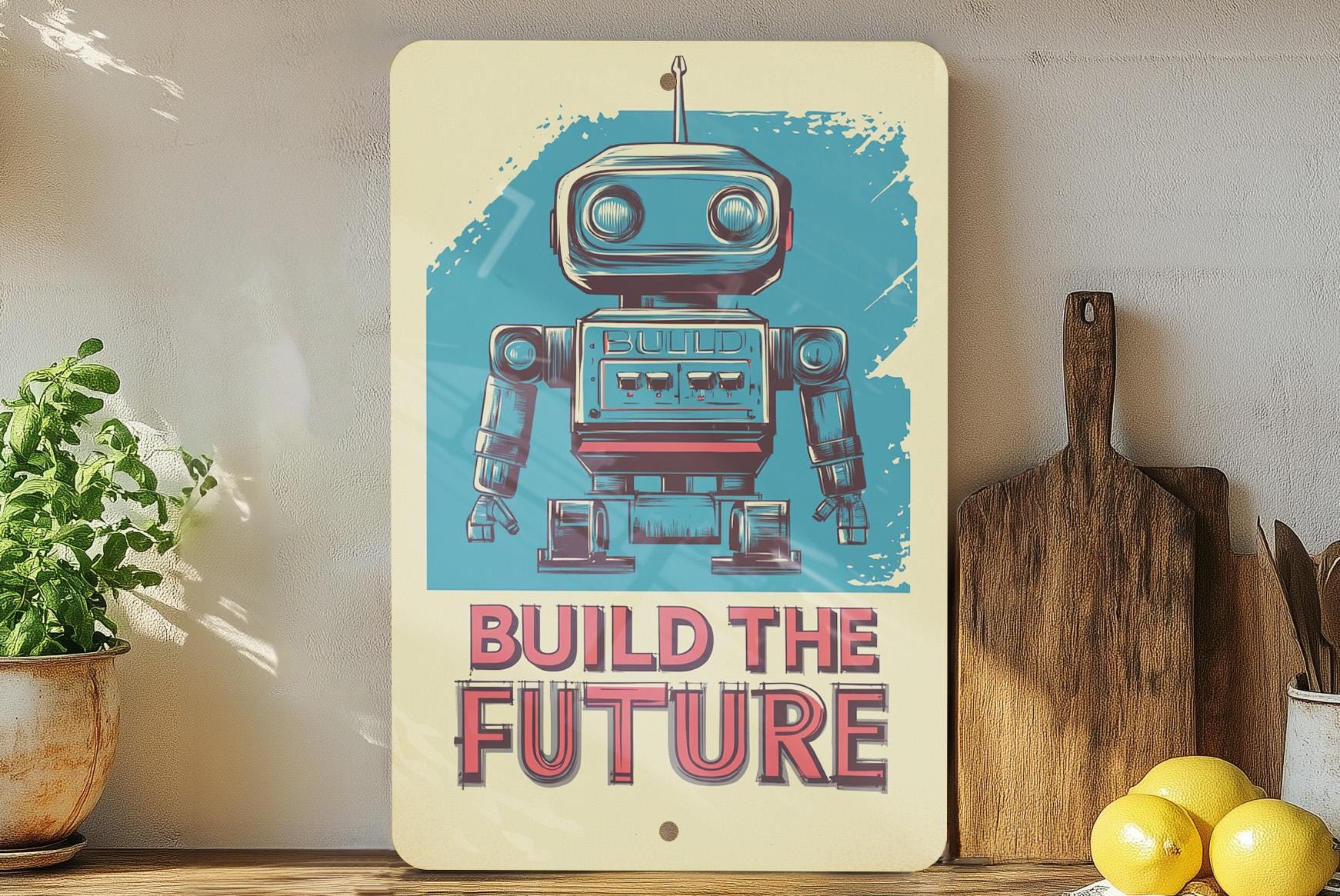 Printable Robot Sign Retro Robot Metal Sign, Build the Future Decor, Vintage Robot Art, Wall ...