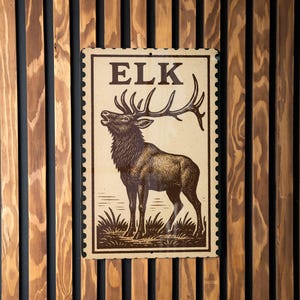 Rustic Elk Metal Sign | Wildlife Stamp Style Wall Art | Cabin Lodge Decor |  Hunting Nature Scene Plaque