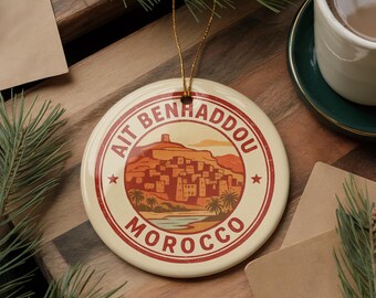 Ait Benhaddou Morocco Ornament – Circular Ceramic Stamp Art, Moroccan Decor, Travel Souvenir, Handcrafted Keepsake