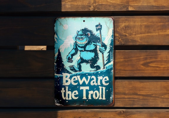 Nordic Folklore Metal Sign, Beware the Troll, Retro Illustrations