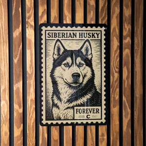 Siberian Husky Dog Metal Sign – Vintage Stamp Style Wall Art for Home, Cabin, Kennel, Rustic Pet Decor Plaque