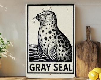 Gray Seal Stamp Art Metal Sign – Vintage Coastal Marine Wall Decor, Rustic Ocean Animal Tin Plaque