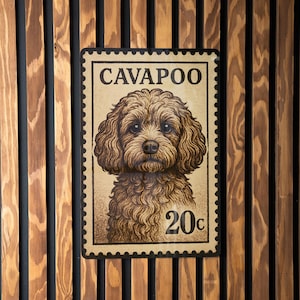 May include: A rectangular sign featuring a Cavapoo dog portrait, resembling a postage stamp. The sign has a light brown background with the text "CAVAPOO" above the dog and "20c" below. The sign is mounted on a wooden slatted wall.